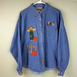Enza Ladies XL Denim Button Down Shirt Fall Scarecrow Pumpkin Embroidered Blue